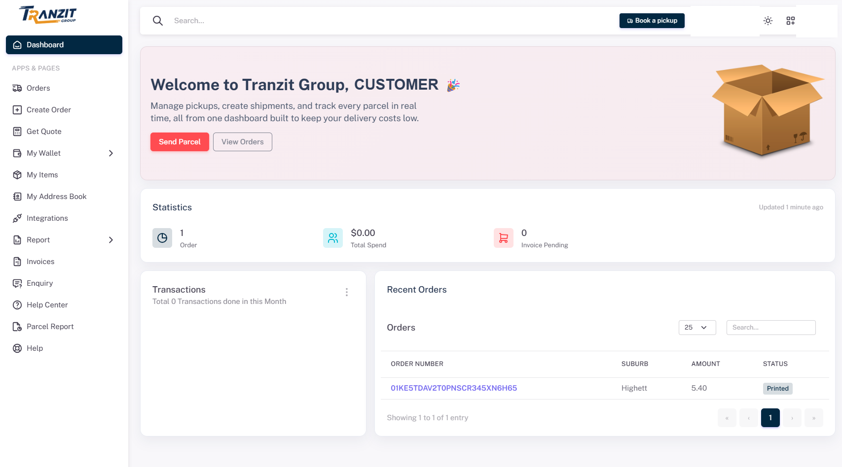 Tranzit Group customer portal dashboard